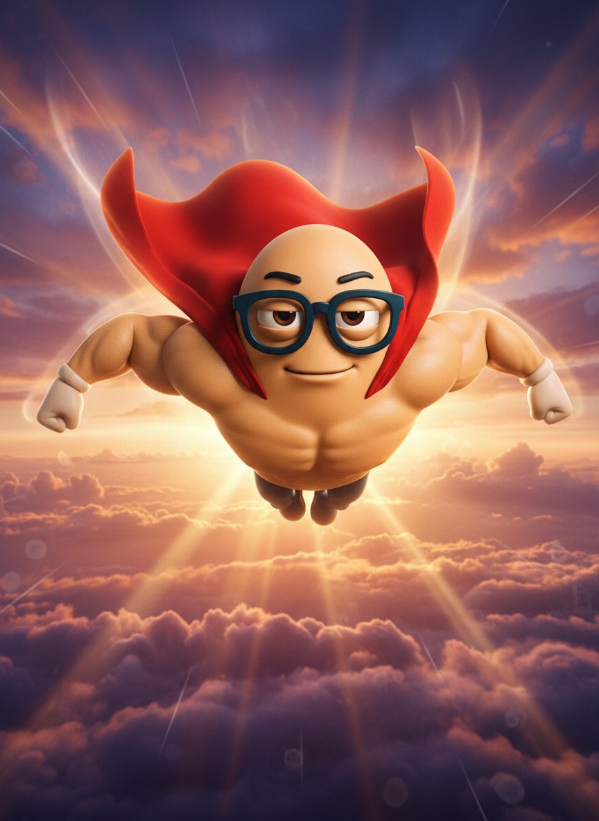 Bean, the Ask Bean superhero mascot, flying above the clouds with his red cape